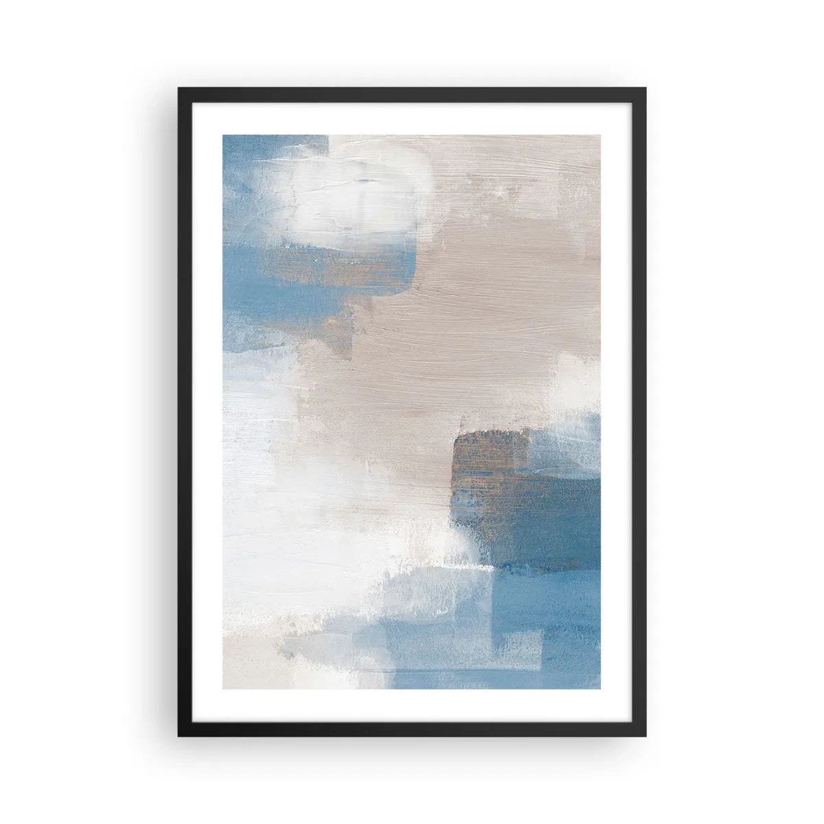 Plakat i sort ramme - Abstrakt komposition i blå og beige nuancer - 50x70cm - Lyserød abstraktion bag et slør af blåt - Moderne vægdekoration til stue og soveværelse ARTTOR