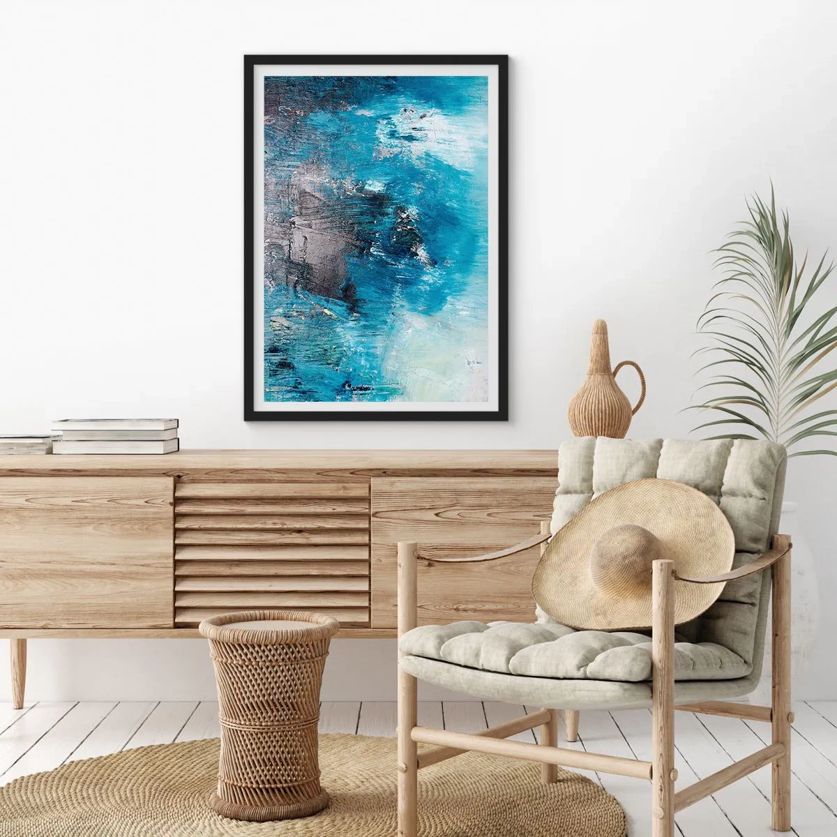 Plakat i sort ramme - Abstrakt komposition i blå nuancer - 50x70cm - Blå rapsodi - Moderne vægdekoration til stue og soveværelse ARTTOR