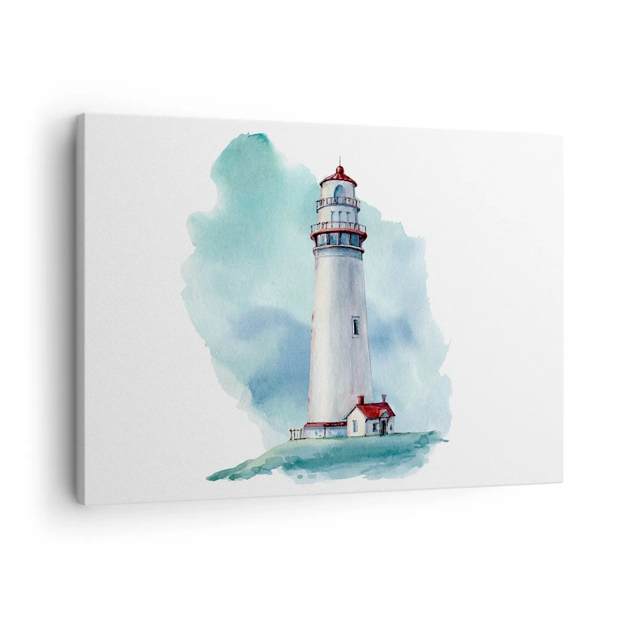 Lærredstryk - Billede på lærred - Et fyrtårn mod en akvarelblå baggrund - 70x50cm - Det blås blide søster - Moderne vægdekoration til stue og soveværelse ARTTOR