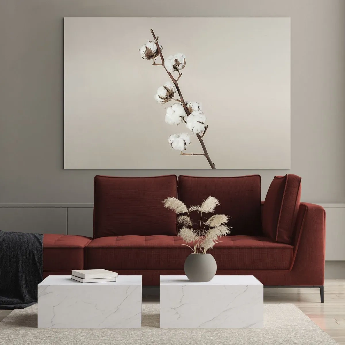 Billede på glas - En kvist bomuld på en lys, minimalistisk baggrund - 70x50cm - Ved kilden til blødhed - Moderne vægdekoration til stue og soveværelse ARTTOR