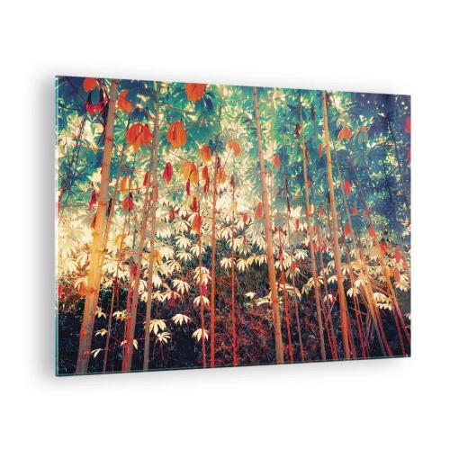 Billede på glas - Farverig bambusskov med varm belysning - 70x50cm - Bladenes hemmelige liv - Moderne vægdekoration til stue og soveværelse ARTTOR