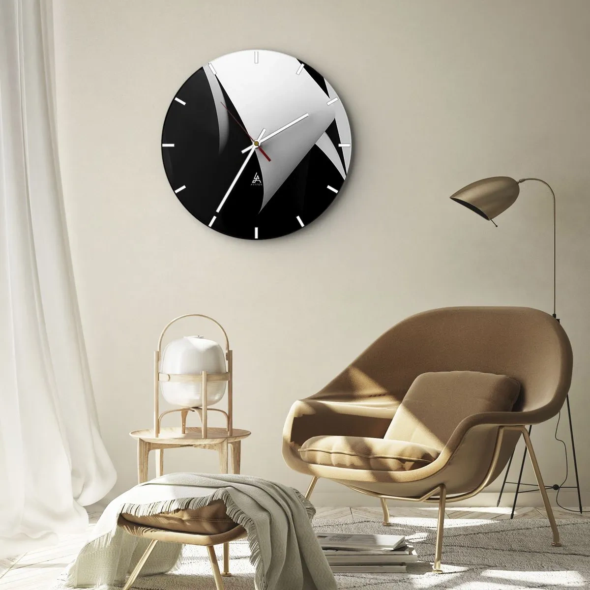 Vægur, Uret - Geometriske lys- og skyggeplaner i sort-hvid - 30x30cm - Lysflader fra skyggernes dybder - Moderne vægdekoration til stue, køkken og soveværelse ARTTOR