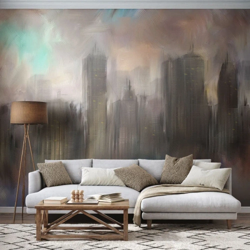 Fototapet Standard Eco - Abstrakt bypanorama i tågede farver - 100x70cm - En sammensætning af stål, sten og tåge - Moderne vægdekoration til stue og soveværelse ARTTOR