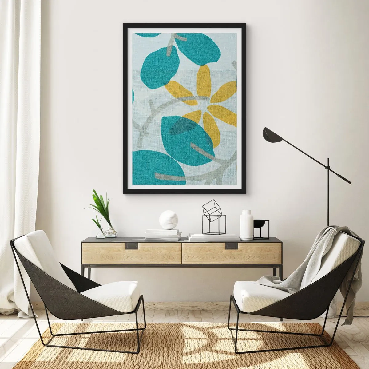 Plakat i sort ramme - Moderne botanisk grafik i blå og gule nuancer - 50x70cm - Blandt azurblå blade - Moderne vægdekoration til stue og soveværelse ARTTOR