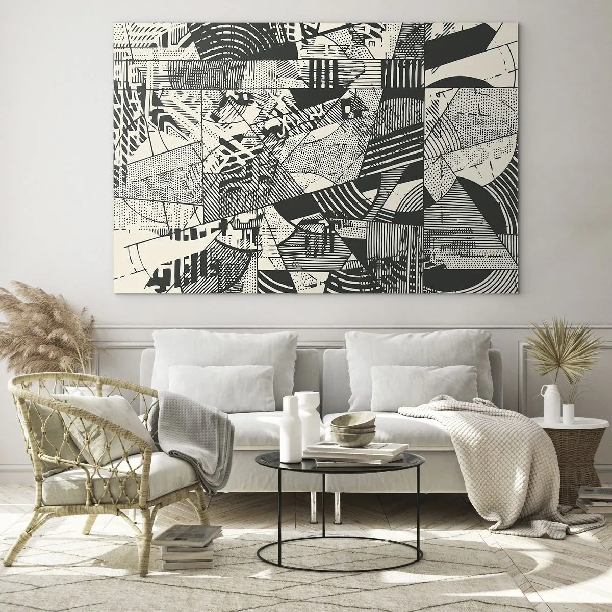 Billede på glas - Sort-hvid abstraktion med dynamiske geometriske mønstre - 70x50cm - Nutidens dynamik - Moderne vægdekoration til stue og soveværelse ARTTOR