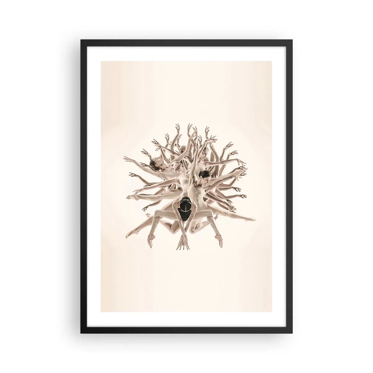 Plakat i sort ramme - En kunstnerisk komposition af en danser i sarte beige farver. - 50x70cm - Blomstrende i dans - Moderne vægdekoration til stue og soveværelse ARTTOR