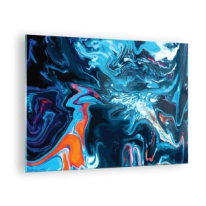 Billede på glas - Et abstrakt mønster i blå nuancer med accenter af rødt og hvidt. - 70x50cm - En rejse ind i himlen - Moderne vægdekoration til stue og soveværelse ARTTOR