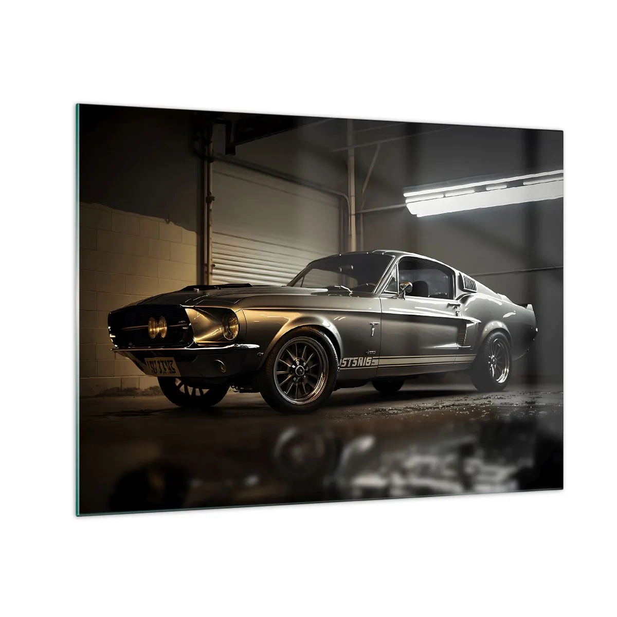 Billede på glas - Klassisk bil i garage under industriel belysning - 70x50cm - Tilbage til fortiden - Moderne vægdekoration til stue og soveværelse ARTTOR