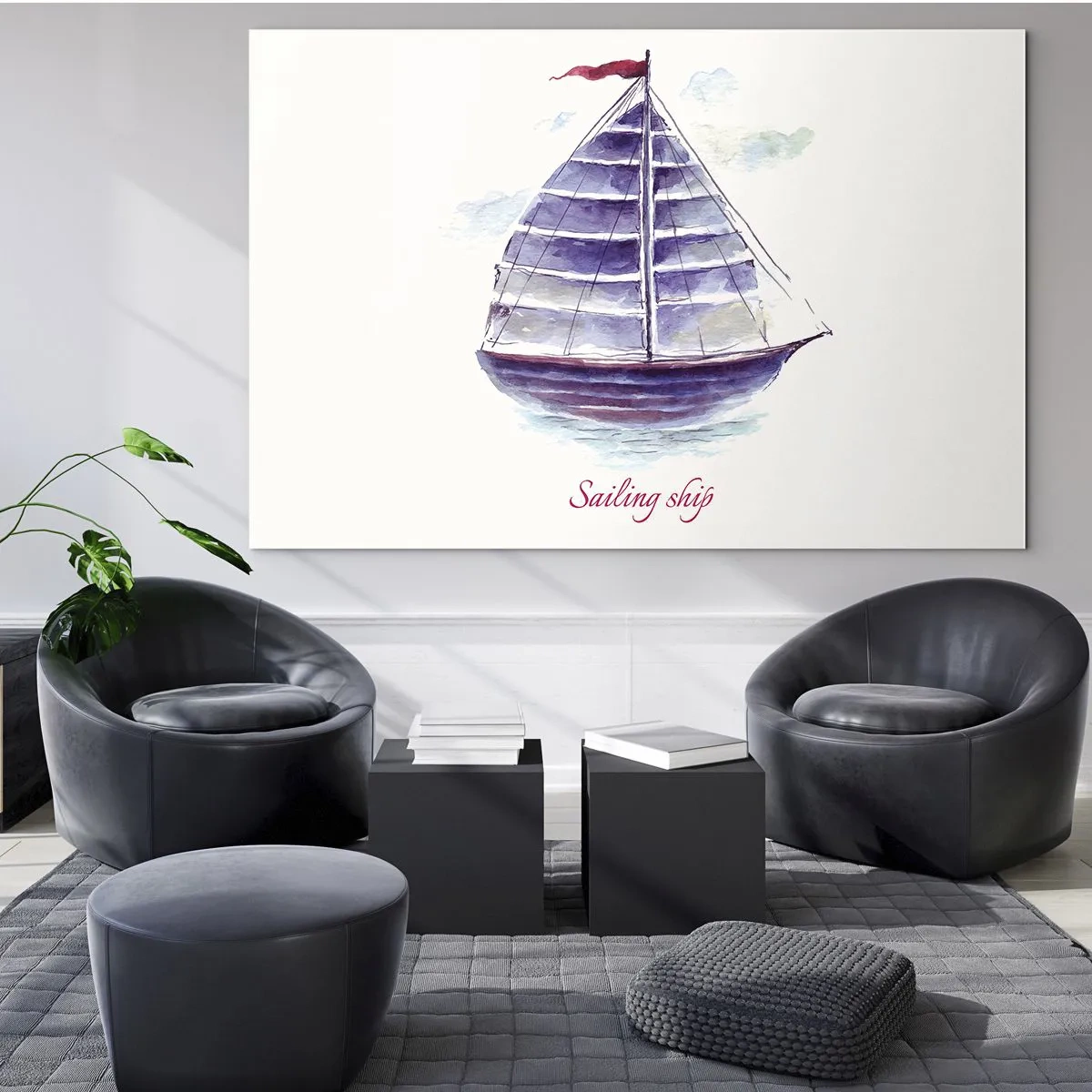 Billede på glas - Akvarel sejlskib med indskriften Sejlskib - 70x50cm - Fulde sejl og roligt vand - Moderne vægdekoration til stue og soveværelse ARTTOR