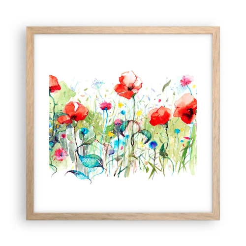 Plakat i ramme af lyst egetræ - En blomstrende eng i maj - 40x40 cm
