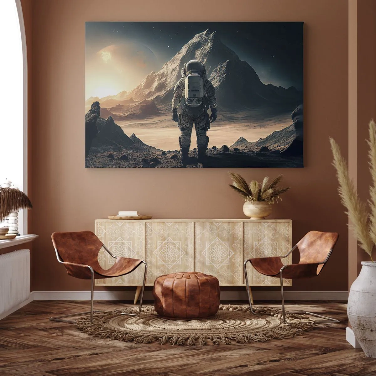 Lærredstryk - Billede på lærred - Astronaut mod en baggrund af majestætiske bjerge - 70x50cm - En ny udfordring - Moderne vægdekoration til stue og soveværelse ARTTOR