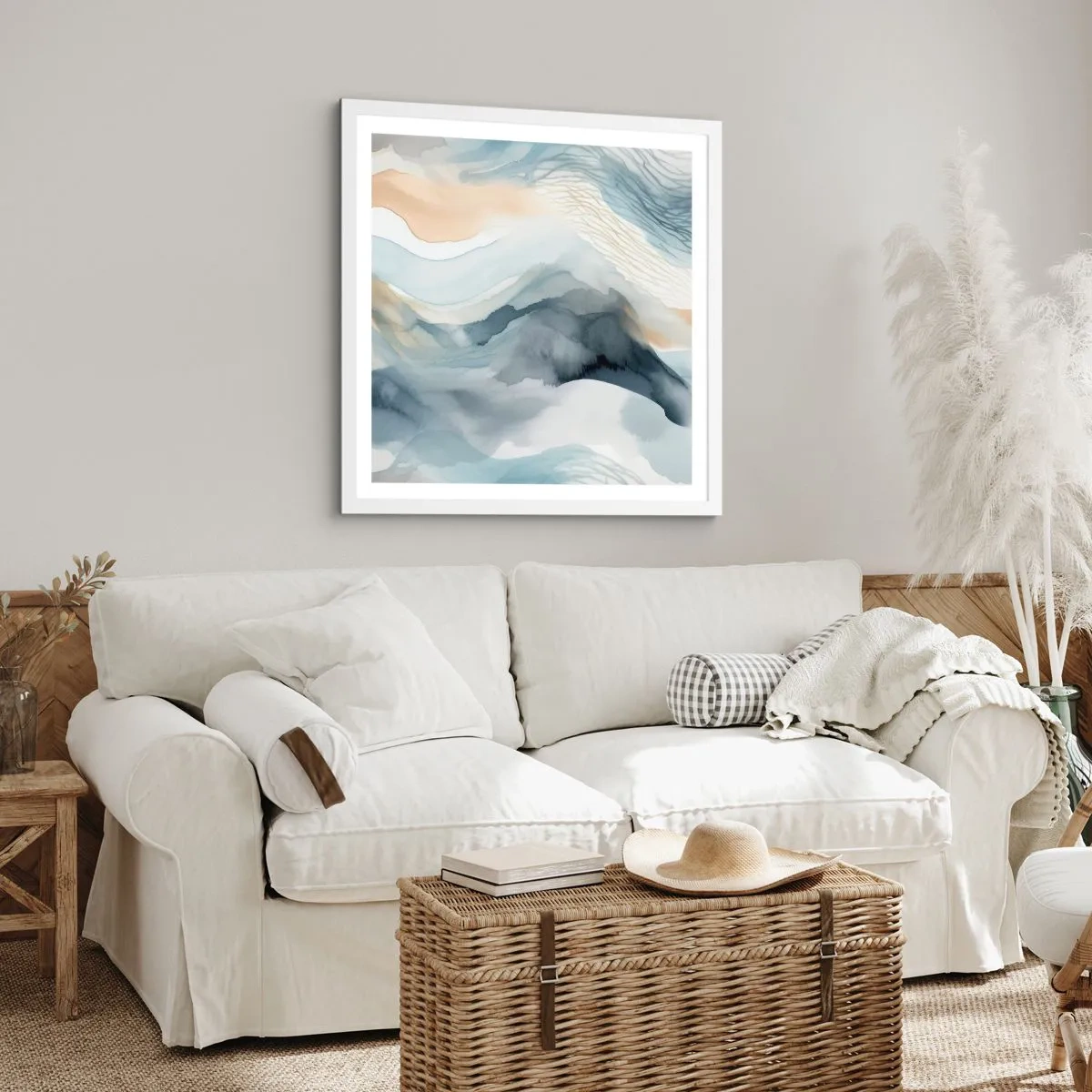 Plakat i hvid ramme - Abstraktion af sne og tåge - 30x30 cm