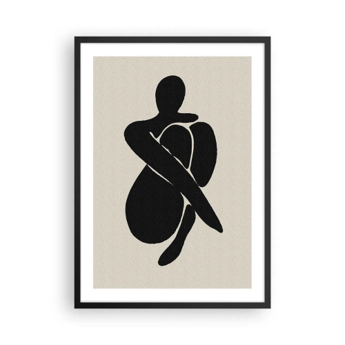 Plakat i sort ramme - Abstrakt figur i en positur med arme viklet om kroppen, sort-hvid illustration - 50x70cm - I din egen favn - Moderne vægdekoration til stue og soveværelse ARTTOR