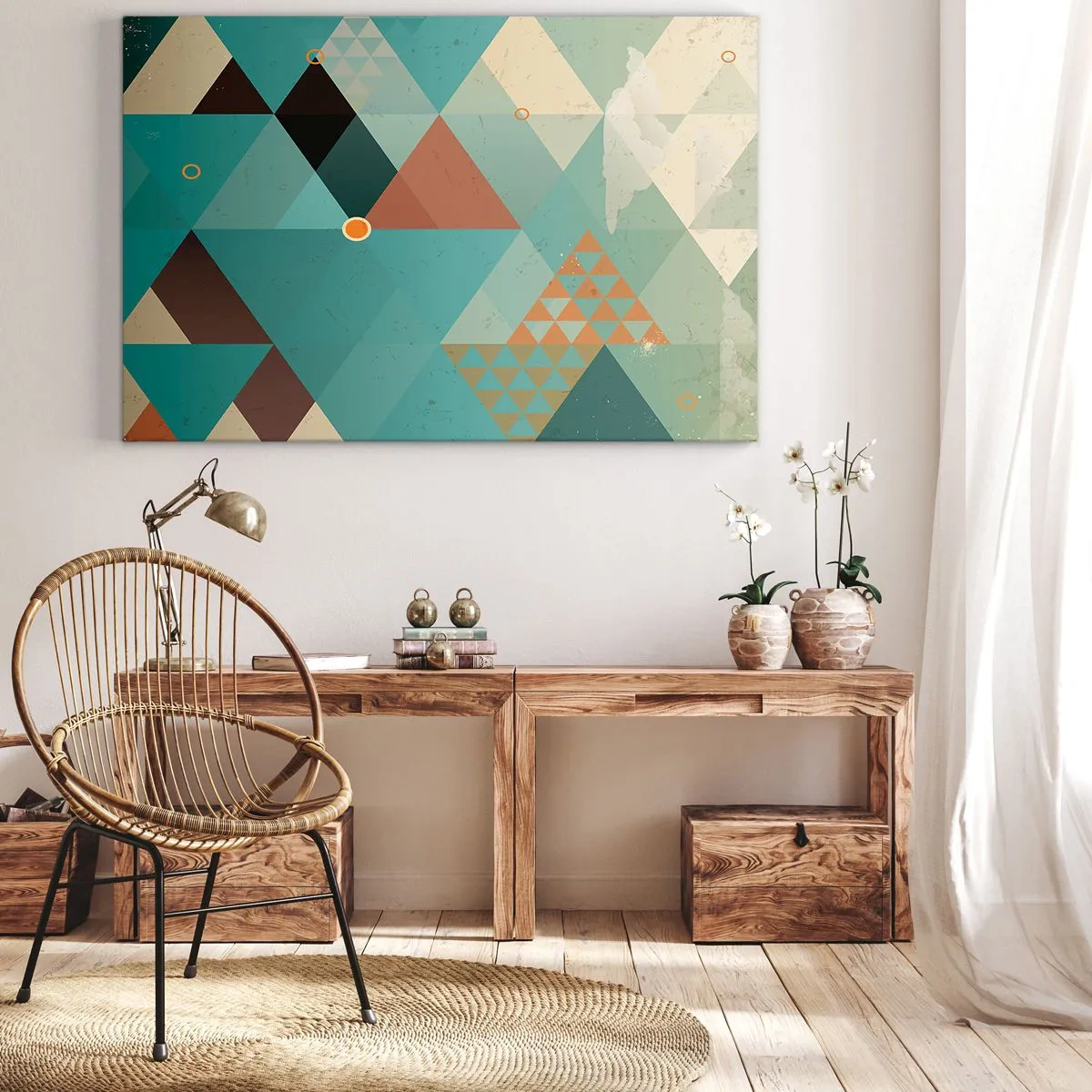 Lærredstryk - Billede på lærred - Geometriske mønstre i turkis og brune nuancer - 70x50cm - Enhed af mangfoldighed, mangfoldighed af enhed - Moderne vægdekoration til stue og soveværelse ARTTOR