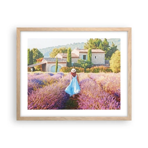 Plakat i ramme af lyst egetræ - Lavendel pige - 50x40 cm