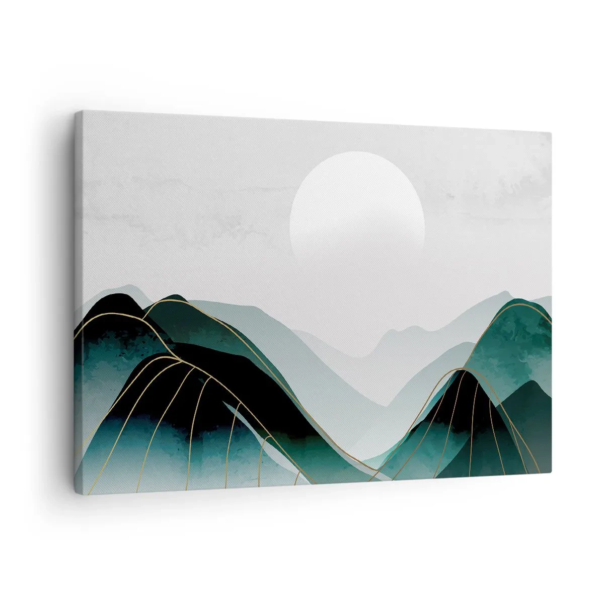 Lærredstryk - Billede på lærred - Abstrakt bjerglandskab med månen og gyldne linjer - 70x50cm - I fuld majestæt - Moderne vægdekoration til stue og soveværelse ARTTOR