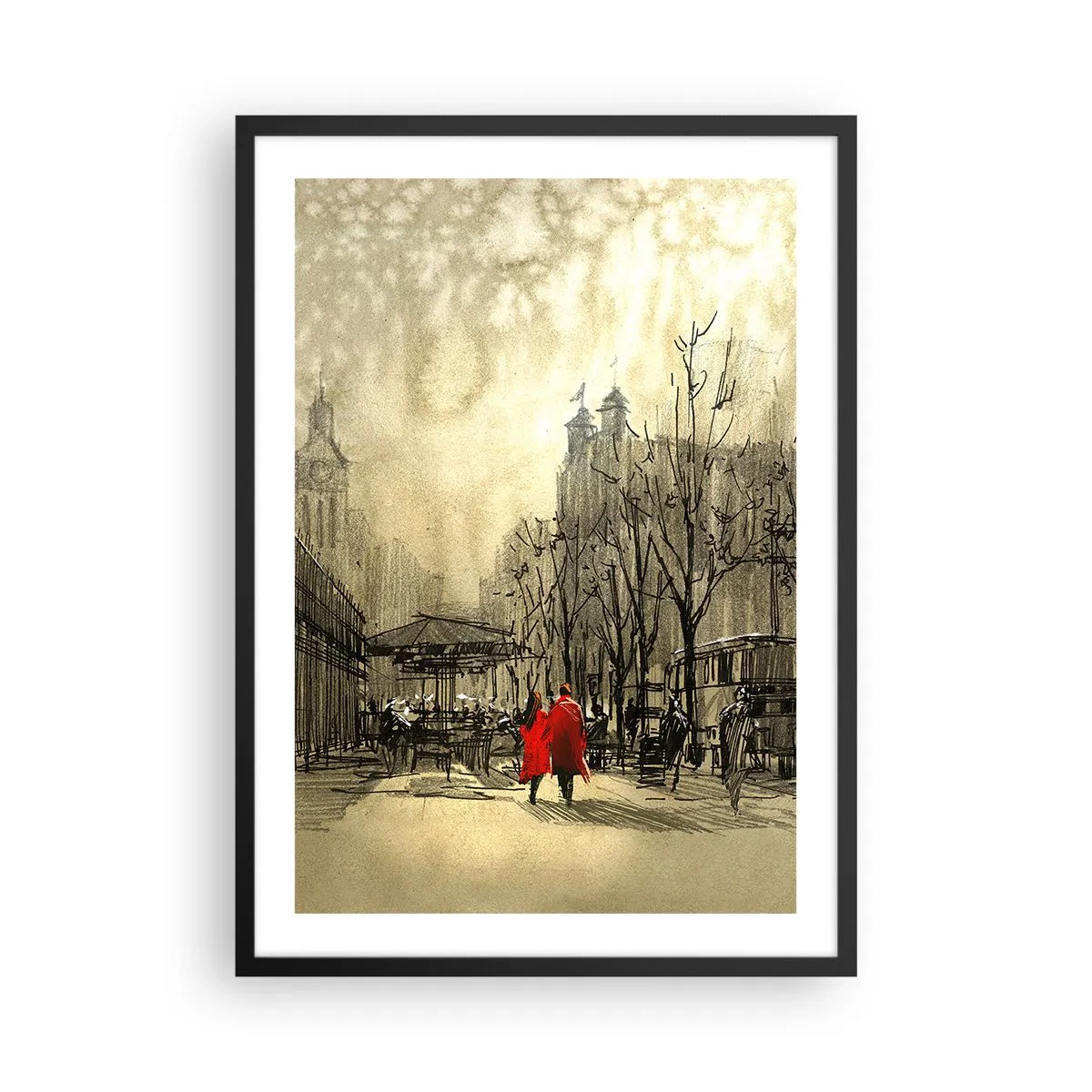Plakat i sort ramme - En figur i en rød frakke mod baggrunden af en vinterby - 50x70cm - En date i London-tågen  - Moderne vægdekoration til stue og soveværelse ARTTOR