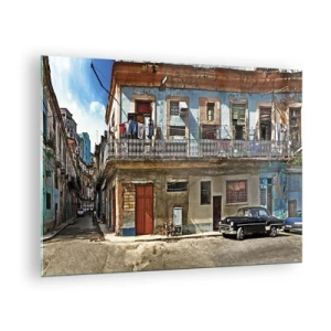 Billede på glas - Retrogade med klassiske bygninger og en bil - 70x50cm - Havana stemning - Moderne vægdekoration til stue og soveværelse ARTTOR