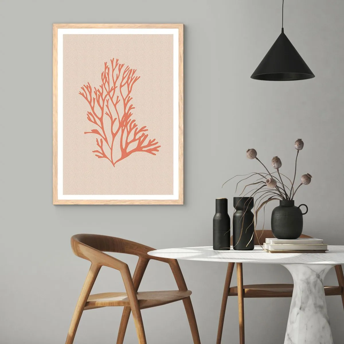 Plakat i ramme af lyst egetræ - Koral filigran - 61x91 cm