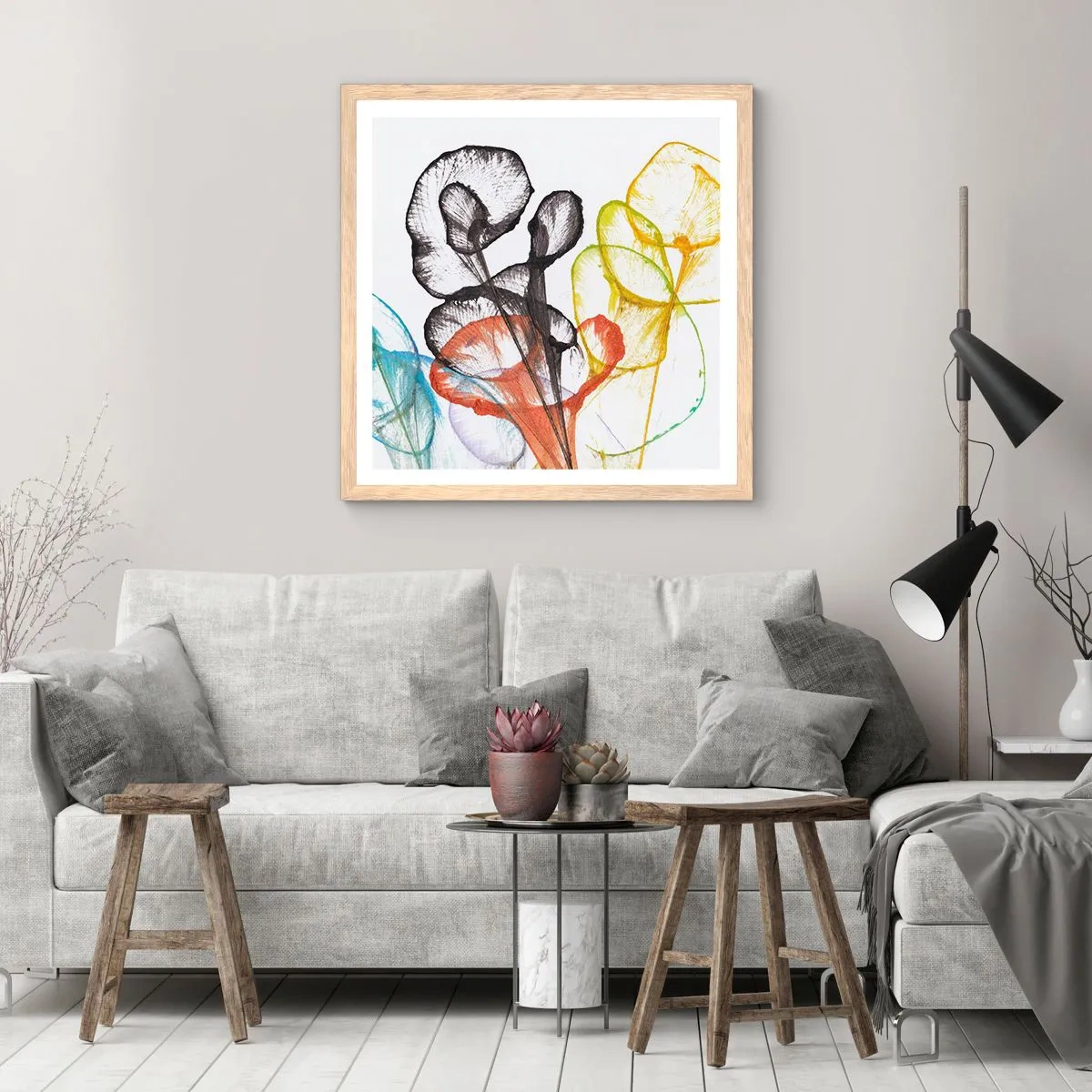 Plakat i ramme af lyst egetræ - Blomster med sjæl - 60x60 cm