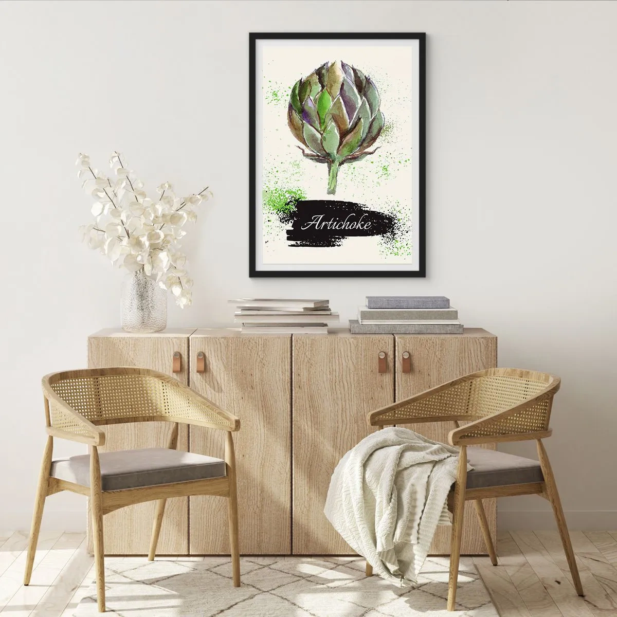 Plakat i sort ramme - Akvarel illustration af en artiskok på en lys baggrund - 50x70cm - Eviva grøntsager! - Moderne vægdekoration til stue og soveværelse ARTTOR
