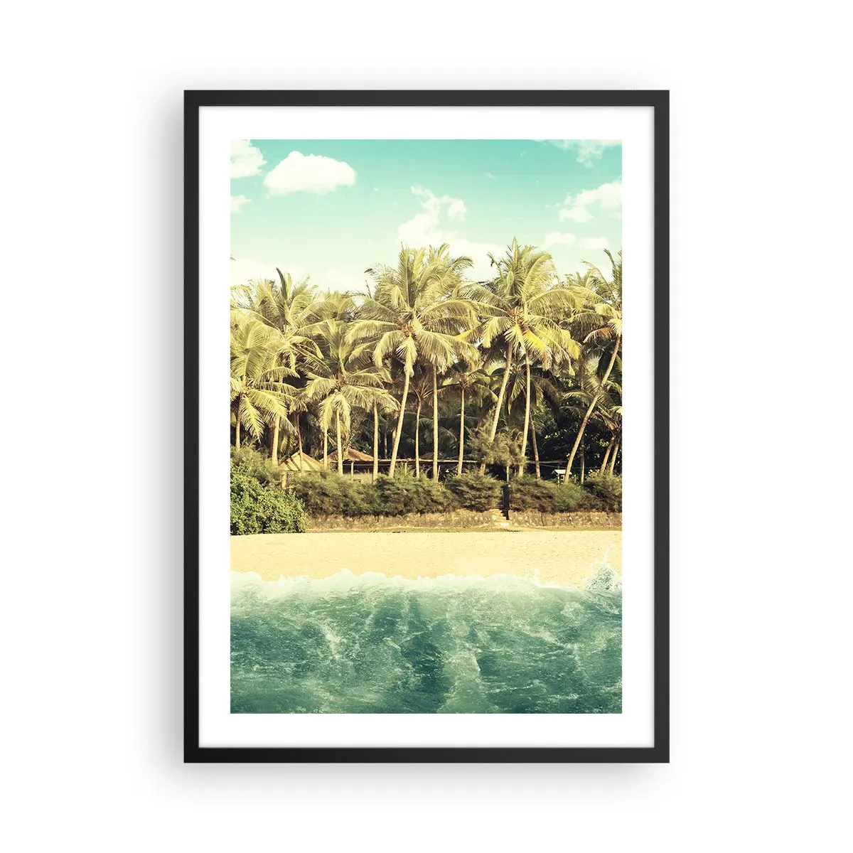 Plakat i sort ramme - Tropisk strand med palmer og azurblåt vand - 50x70cm - Hvad med her? - Moderne vægdekoration til stue og soveværelse ARTTOR