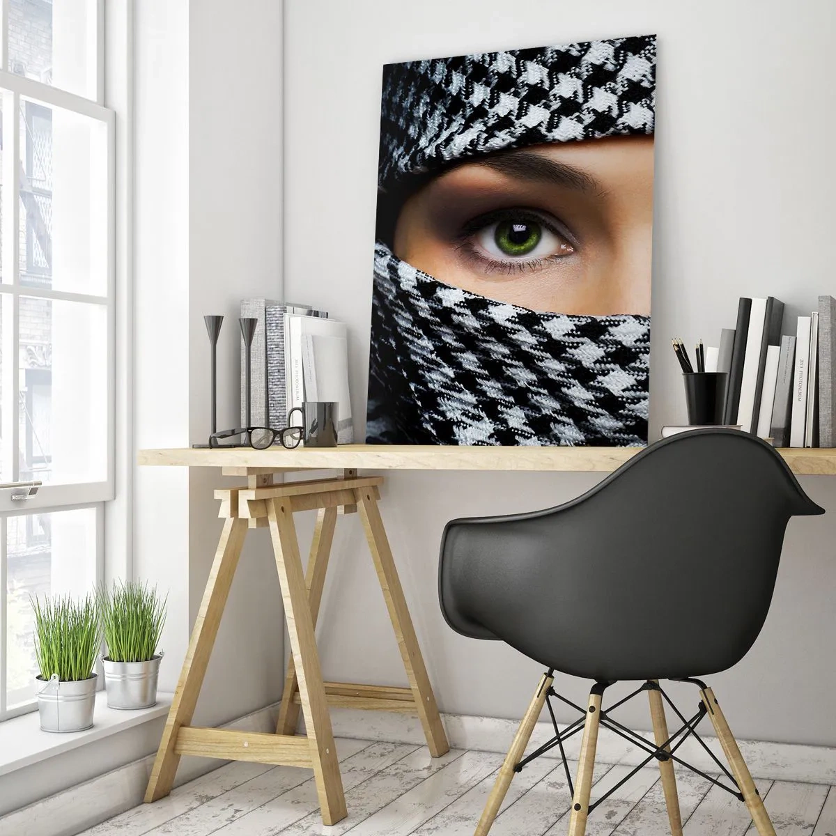 Billede på glas - Et portræt af en sur grønøjede skønhed med grønne øjne - 50x70 cm