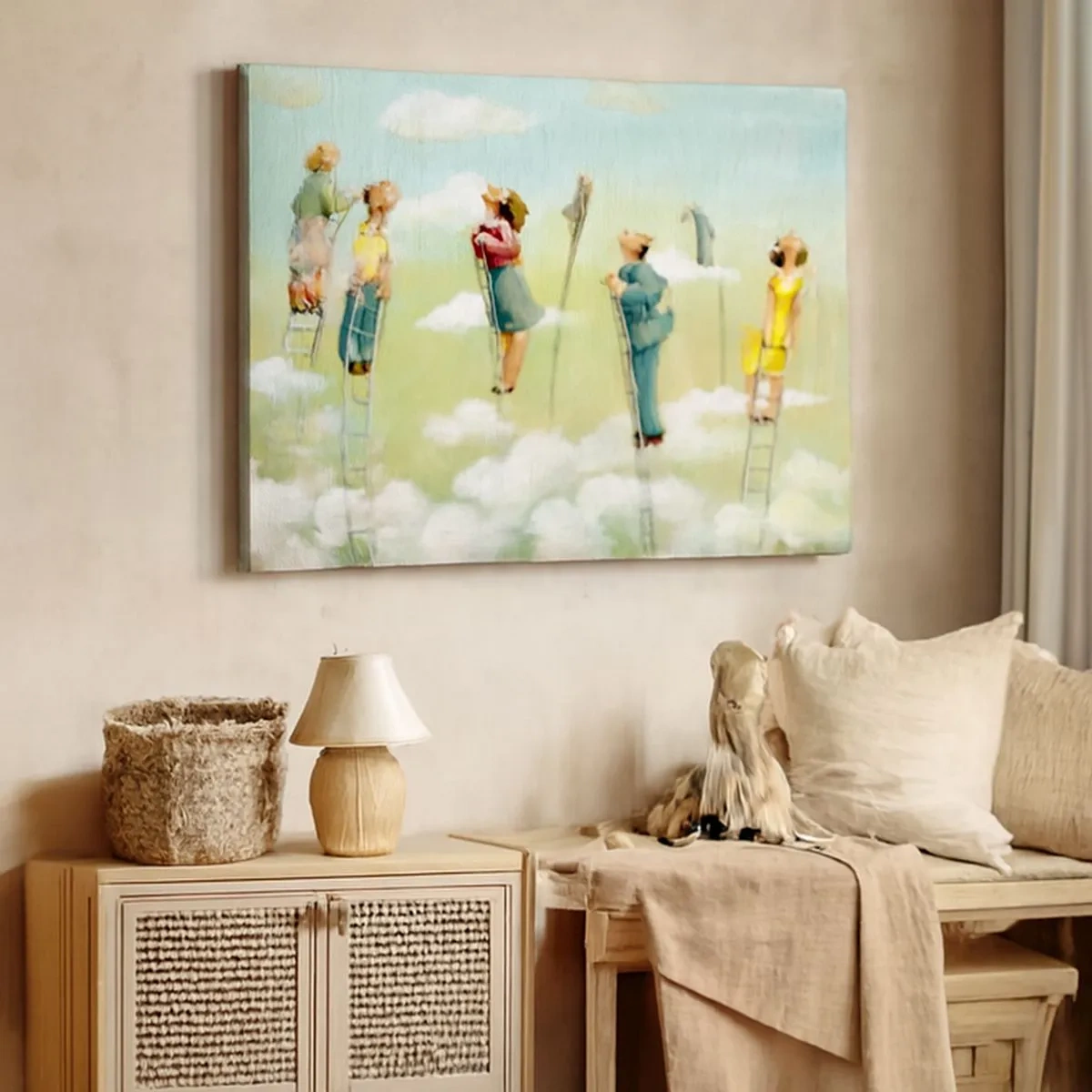 Lærredstryk - Billede på lærred - Figurer, der klatrer op ad stiger blandt skyer på en pastelbaggrund. - 70x50cm - Bag din drøm - Moderne vægdekoration til stue og soveværelse ARTTOR