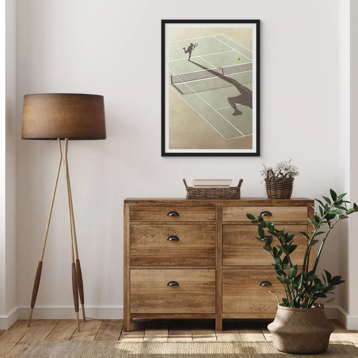 Plakat i sort ramme - En tennisspiller, der serverer på banen - 50x70cm - Overvind dig selv - Moderne vægdekoration til stue og soveværelse ARTTOR