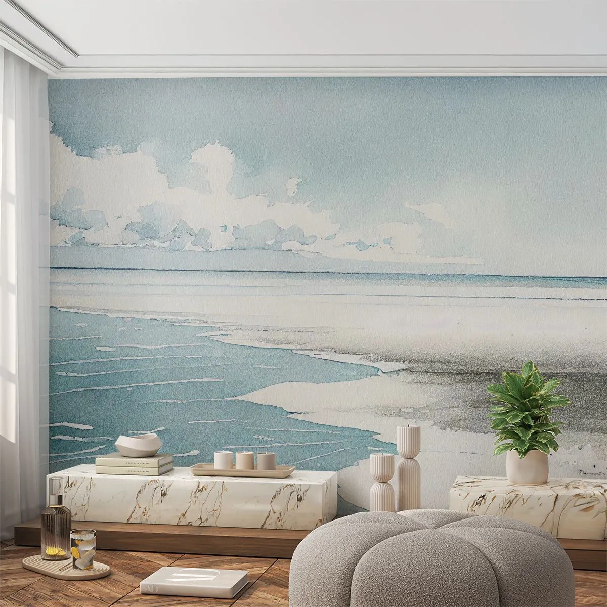 Fototapet Premium Sand - Blidt tidevand - Kyst, Strand, Fatning - 300x210 cm