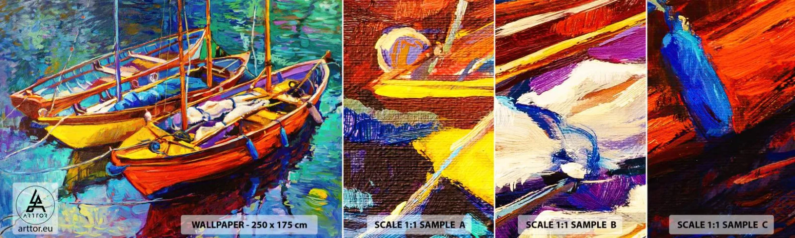 Prøve Fototapet Selvklæbende Deluxe Sticker - På vand, der er tykt af farve - Łódź, Sejlbåd, Hav - 100x30 cm