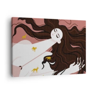Lærredstryk - Billede på lærred - En figur med lukkede øjne omgivet af gyldne heste - 70x50cm - Drøm om en gylden hest - Moderne vægdekoration til stue og soveværelse ARTTOR