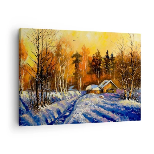Lærredstryk - Billede på lærred - Vinterlandskab med et hus i lyset af den nedgående sol - 70x50cm - Vinterindtryk i solen - Moderne vægdekoration til stue og soveværelse ARTTOR