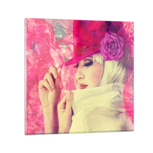 Billede på glas - Retro portræt i lyserødt - 40x40 cm