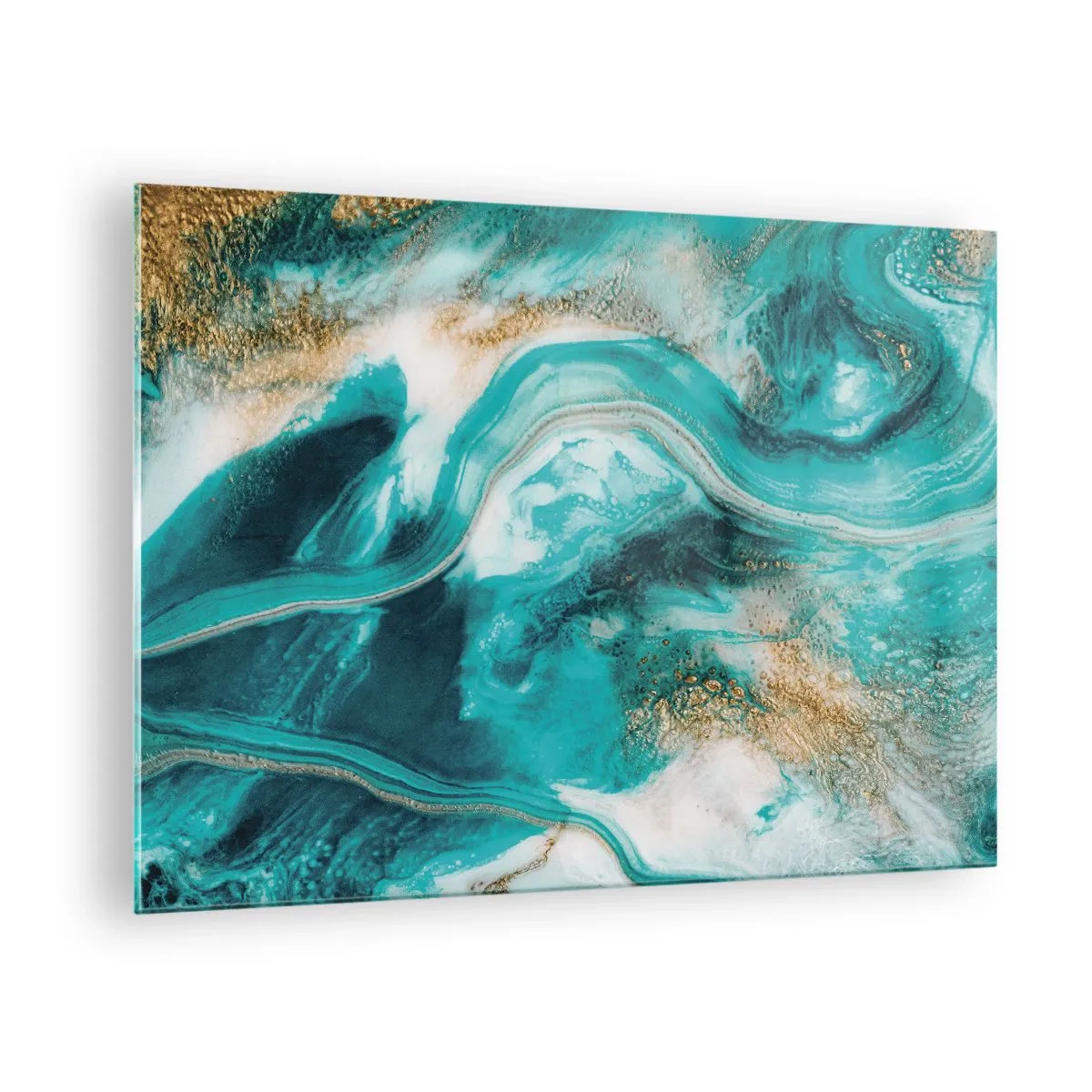 Billede på glas - En abstrakt komposition i turkis med gulddetaljer. - 70x50cm - Flod af guld - Moderne vægdekoration til stue og soveværelse ARTTOR