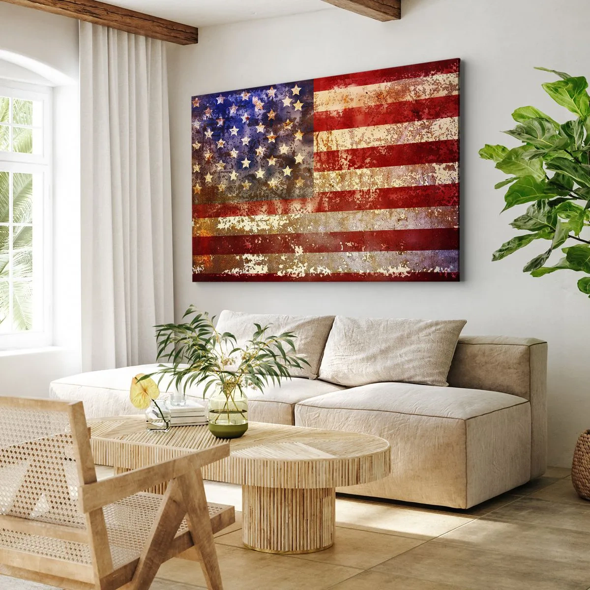 Lærredstryk - Billede på lærred - Stiliseret amerikansk flag med en ældet effekt - 70x50cm - Herlighed går ikke bort - Moderne vægdekoration til stue og soveværelse ARTTOR