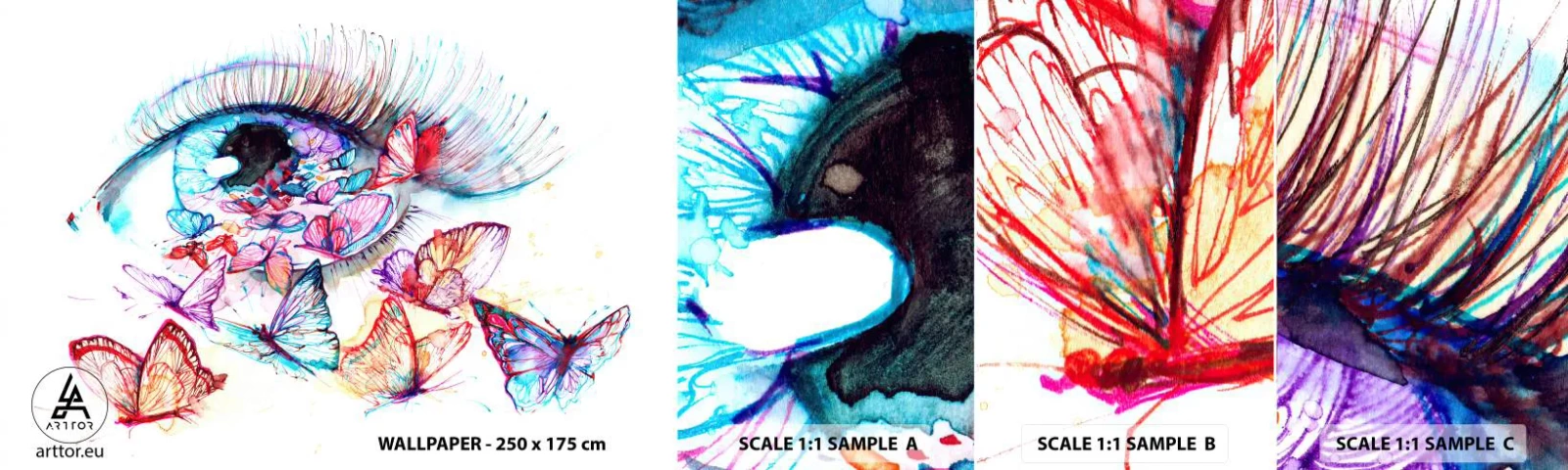 Fototapet Prøve Standard Eco - Eventyrlige øjne - Kvindens øje, Sommerfugl, Abstraktion - 100x30 cm