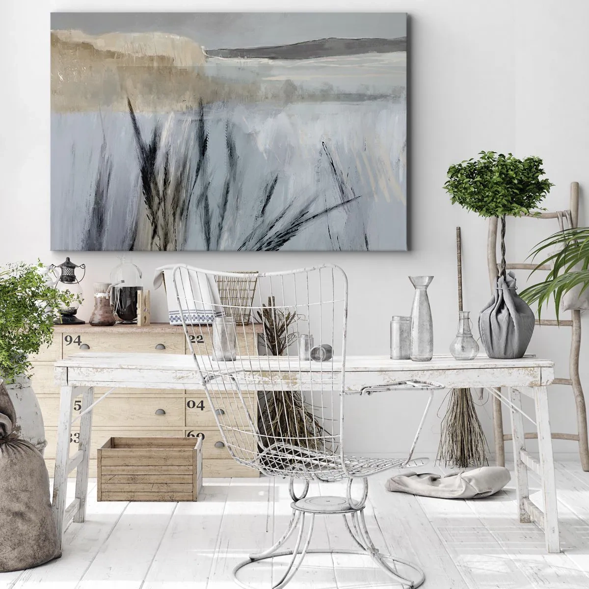 Lærredstryk - Billede på lærred - Et malerisk vinterlandskab med marker og græsser - 70x50cm - Vintermarker - Moderne vægdekoration til stue og soveværelse ARTTOR