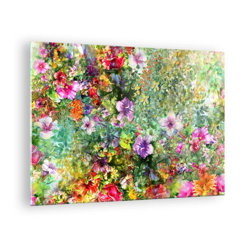 Billede på glas - Farverige blomster i en kunstnerisk komposition - 70x50cm - Ind i blomsterne ved fortabelse - Moderne vægdekoration til stue og soveværelse ARTTOR