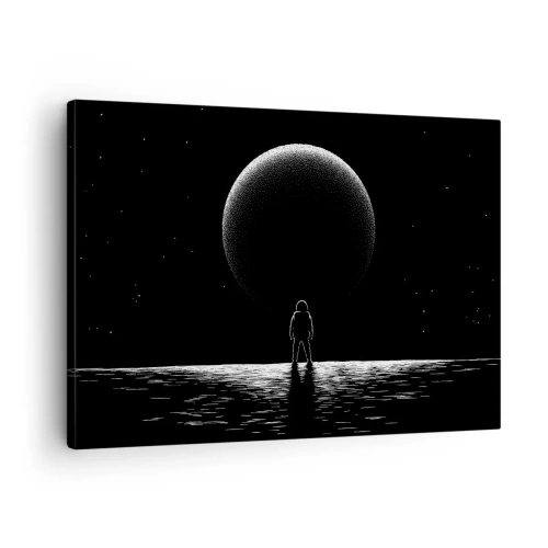Lærredstryk - Billede på lærred - En astronaut mod baggrunden af en stor planet i det ydre rum - 70x50cm - Ansigt til ansigt - Moderne vægdekoration til stue og soveværelse ARTTOR