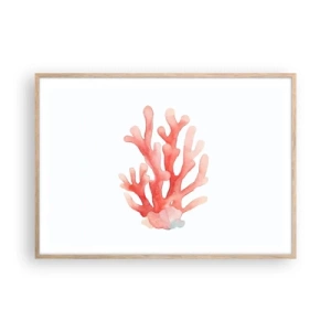 Plakat i ramme af lyst egetræ - Farven koral - 100x70 cm