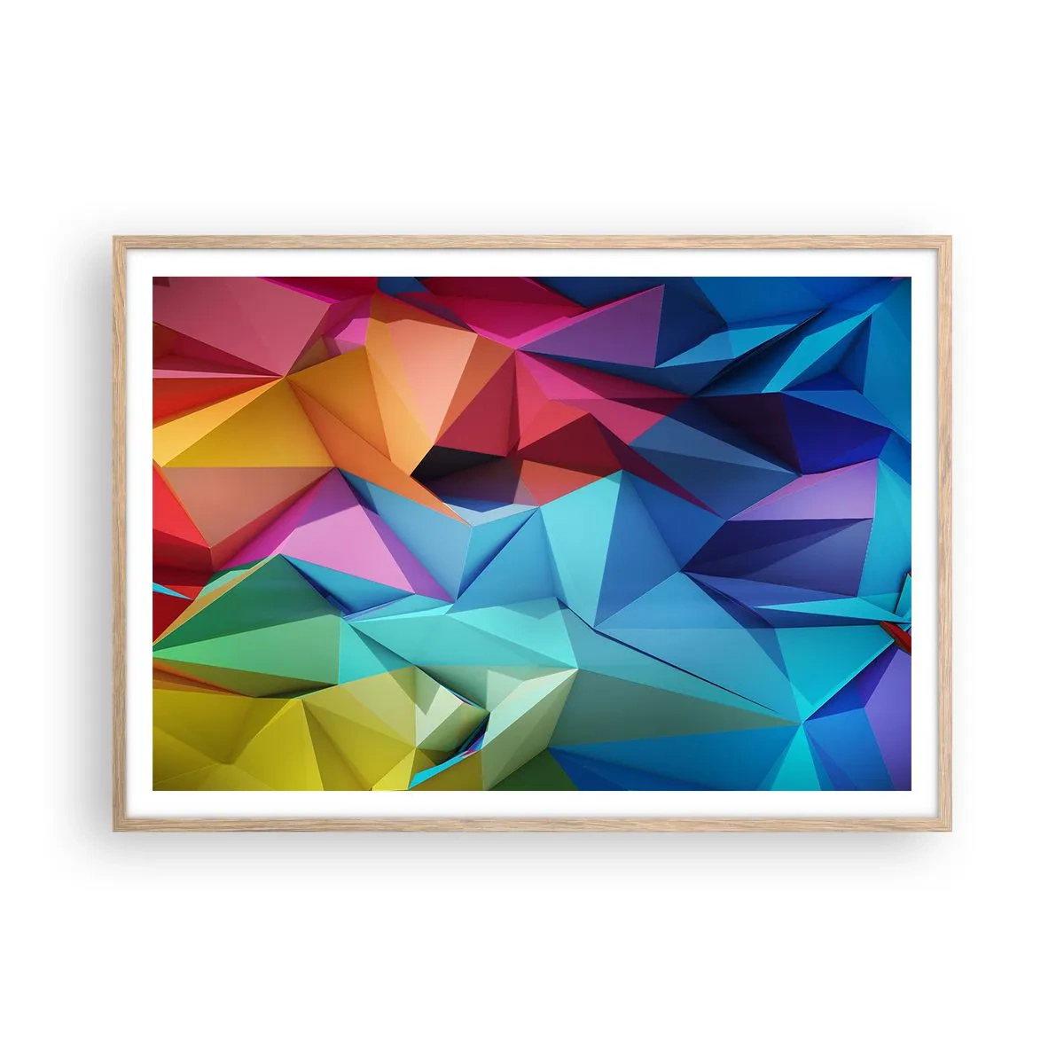 Plakat i ramme af lyst egetræ - Regnbue origami - 100x70 cm