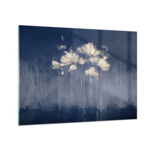 Billede på glas - Abstrakt blomsterarrangement af guld på en marineblå baggrund - 70x50cm - Som kronblade i vinden - Moderne vægdekoration til stue og soveværelse ARTTOR