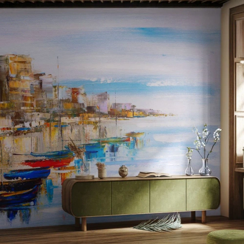 Fototapet Premium Sand - Flerfarvet urban havn - Landskab, Havn, Ved havet - 100x70 cm