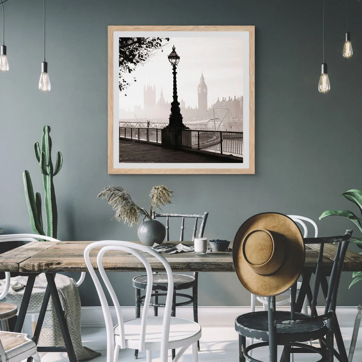 Plakat i ramme af lyst egetræ - London morgen - 60x60 cm