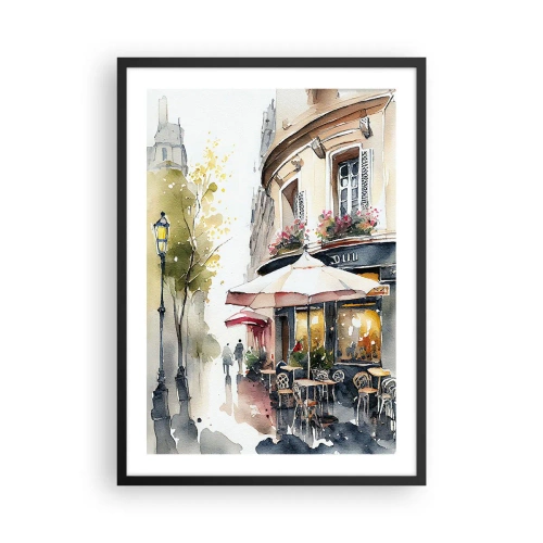 Plakat i sort ramme - En café på en malerisk gade i europæisk stil - 50x70cm - En parisisk morgen - Moderne vægdekoration til stue og soveværelse ARTTOR