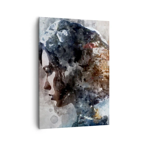 Lærredstryk - Billede på lærred - Historien om en pige med en by i baggrunden - 50x70 cm