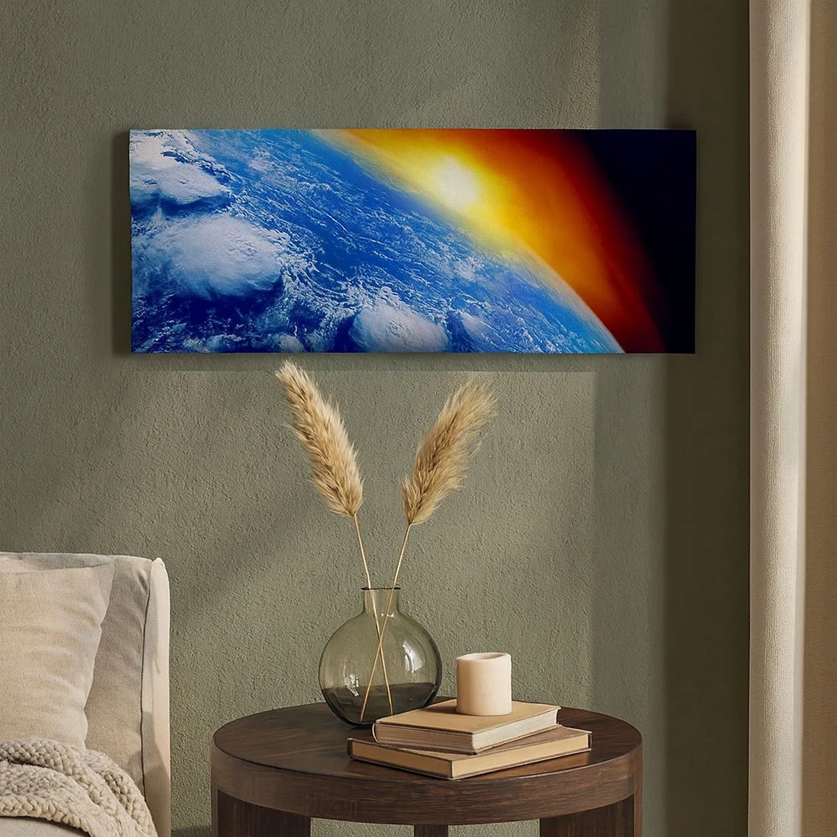 Lærredstryk - Billede på lærred - Solopgang over den blå planet - 100x40 cm