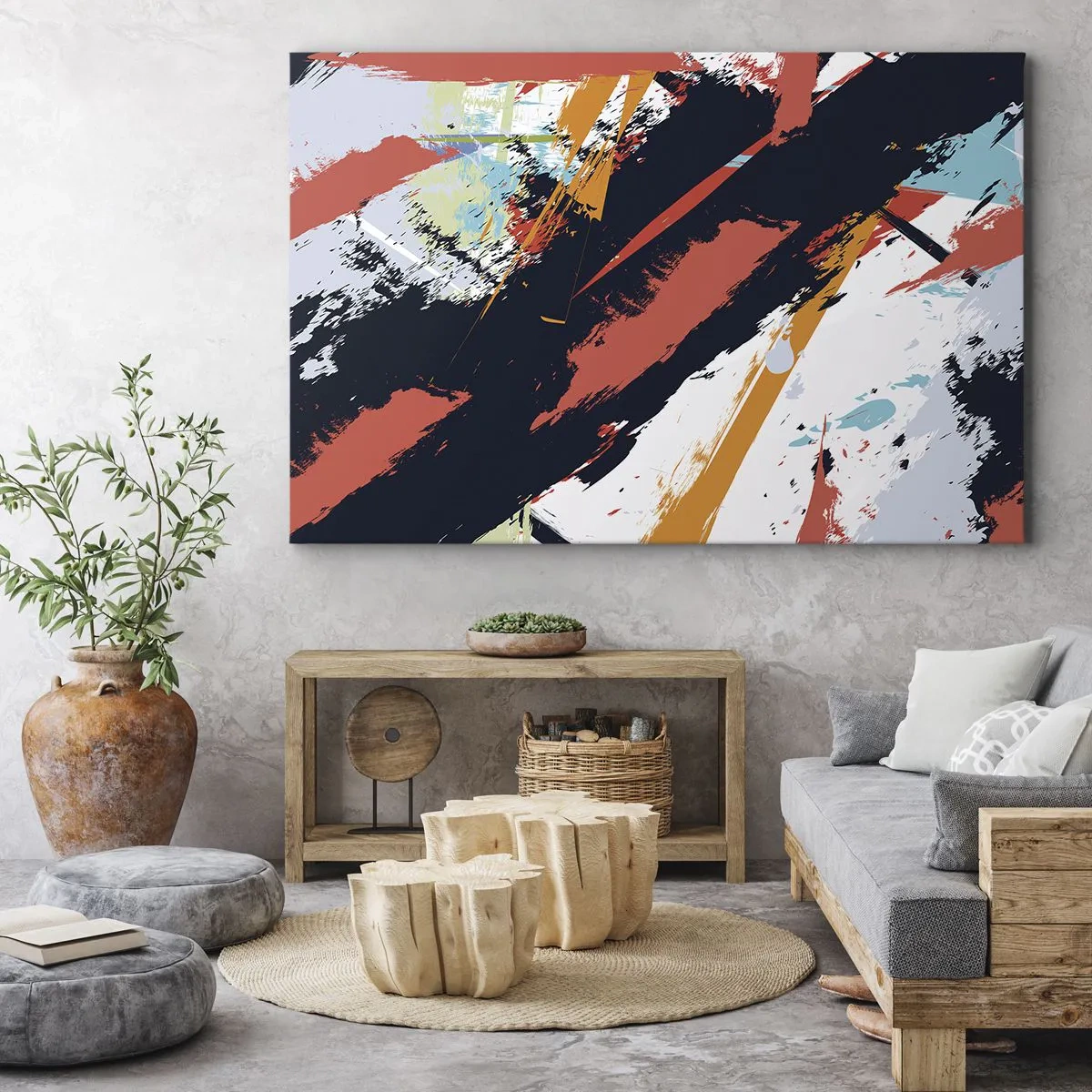 Lærredstryk - Billede på lærred - Abstrakte penselstrøg i livlige farver - 70x50cm - Dynamisk sammensætning - Moderne vægdekoration til stue og soveværelse ARTTOR