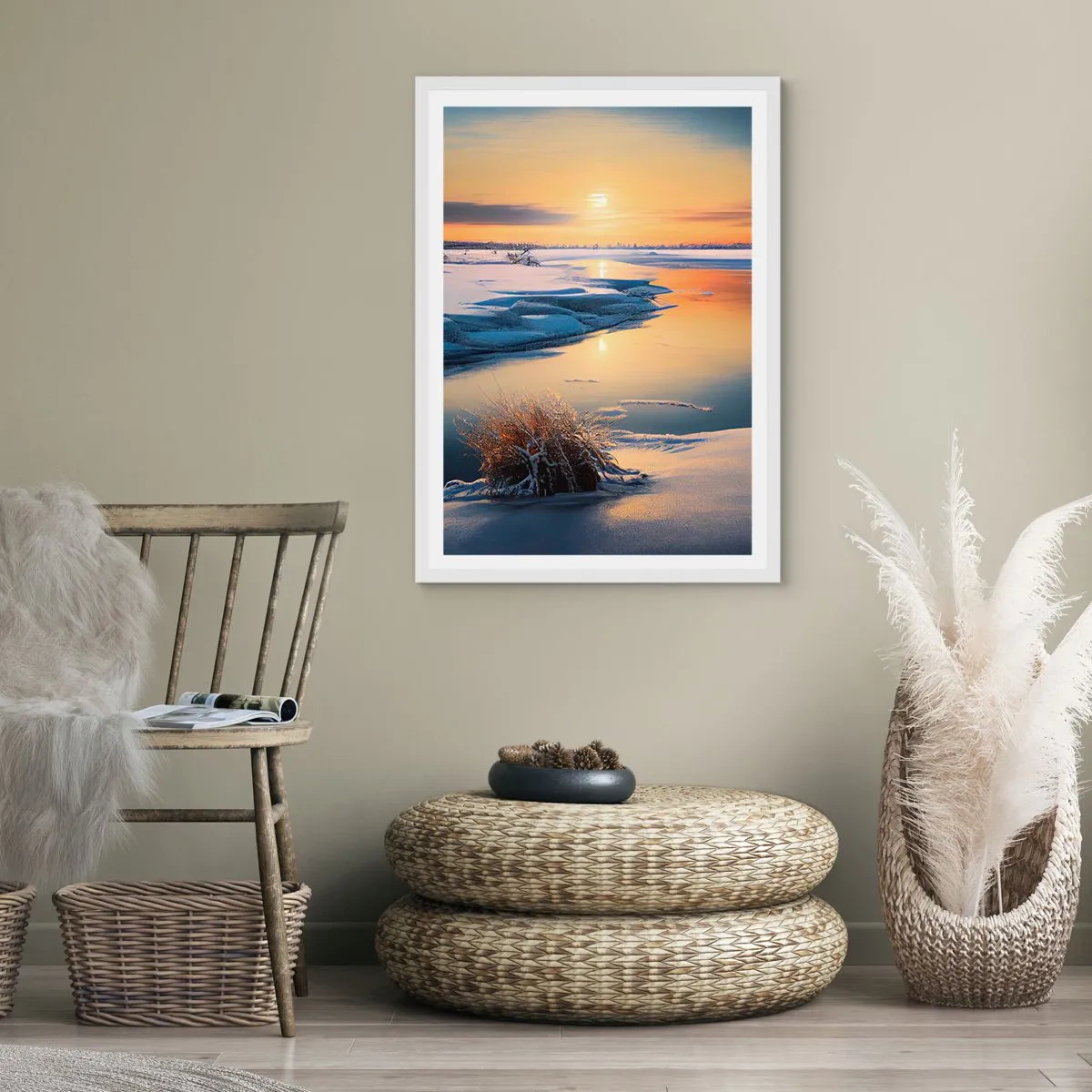 Plakat i hvid ramme - Vintersolnedgang - 50x70 cm